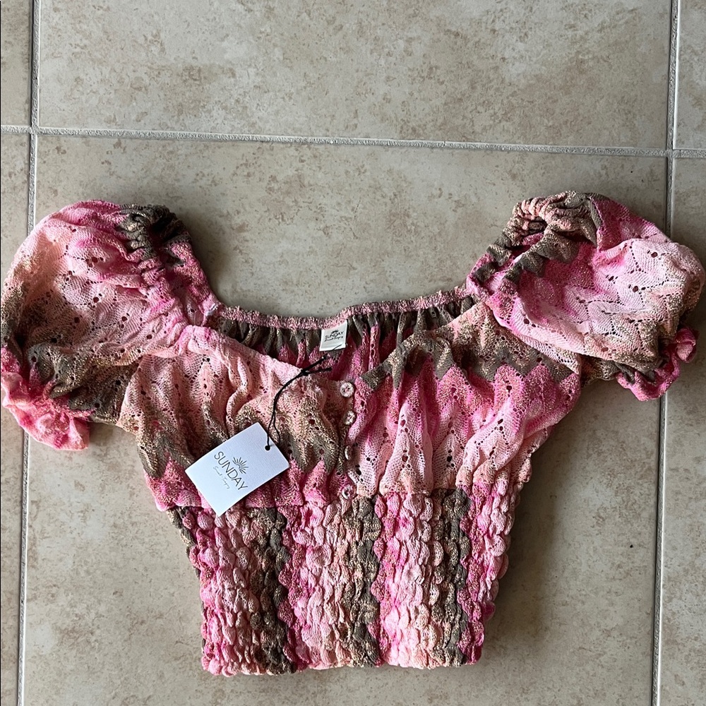 Size Small Sunday Pink and Brown Smocked Crop Top